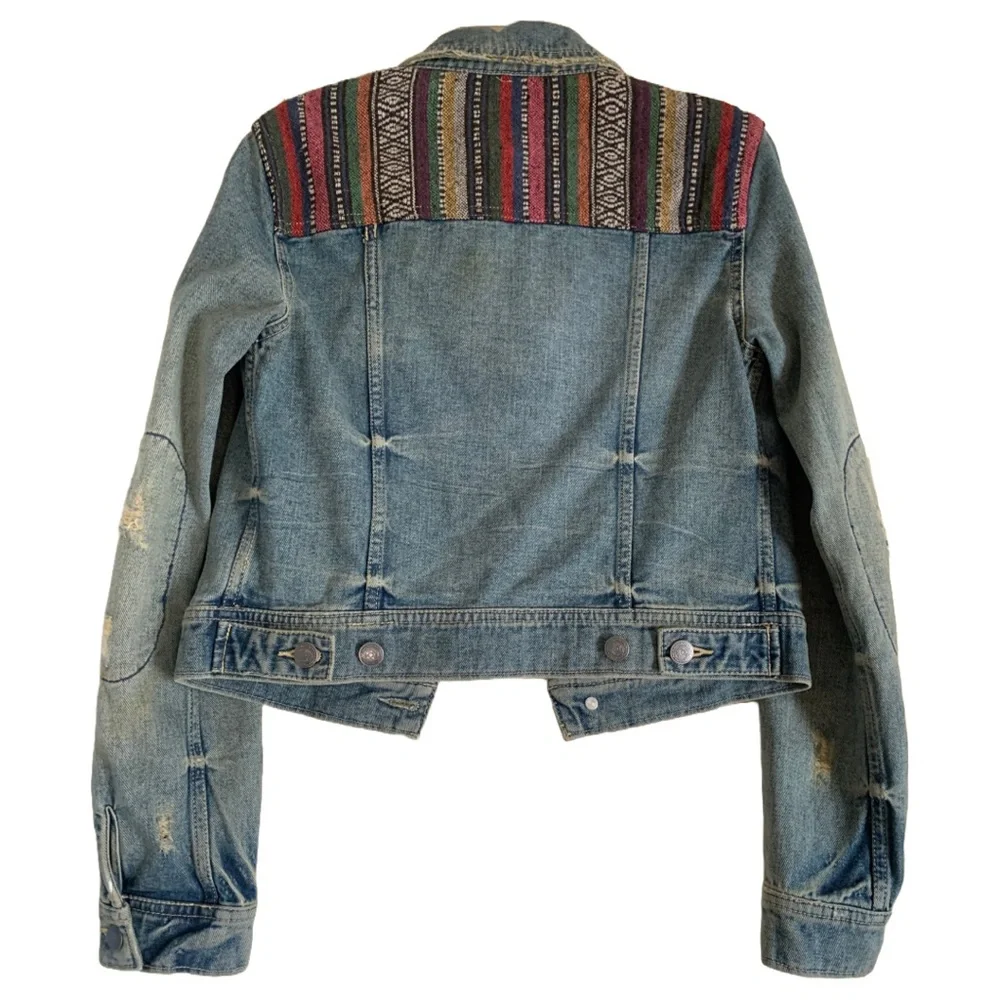 FREE PEOPLE Women’s Baja Distressed Embroidered Denim Jean Jacket Size 2 - Picture 7 of 9